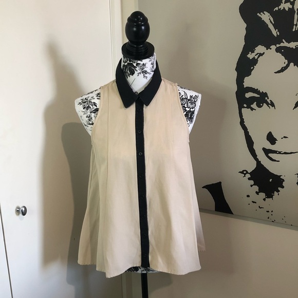 CUE Size 8 Coffee/Black Trim Linen-Blend Sleeveless Pleated Fit&Flare Swing Top - Picture 2 of 16